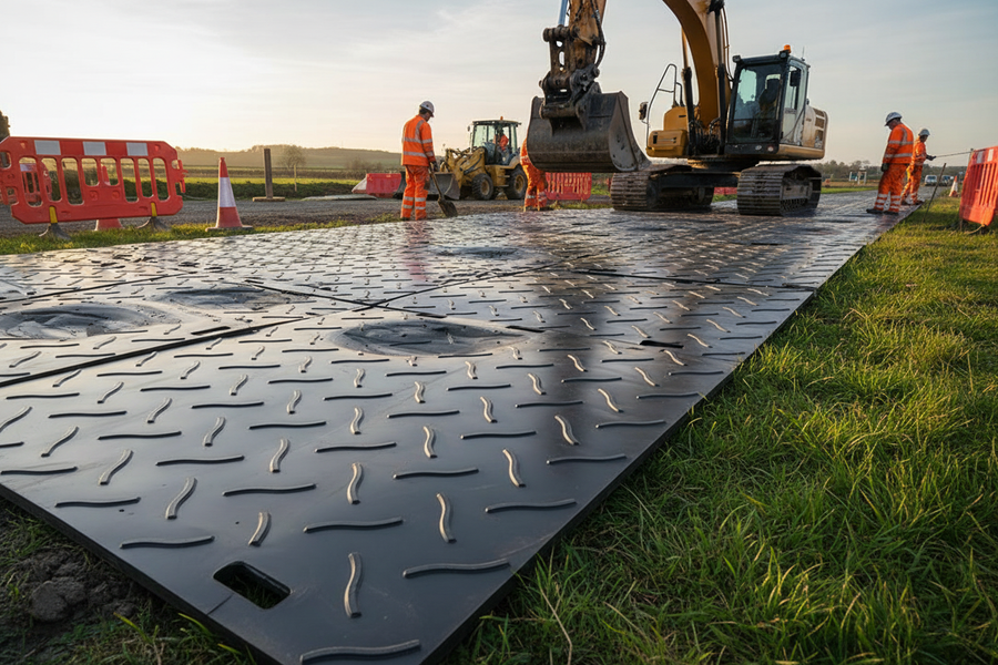LoadMaster Pro heavy-duty ground protection mats with curved tread pattern supporting excavator on utilities project