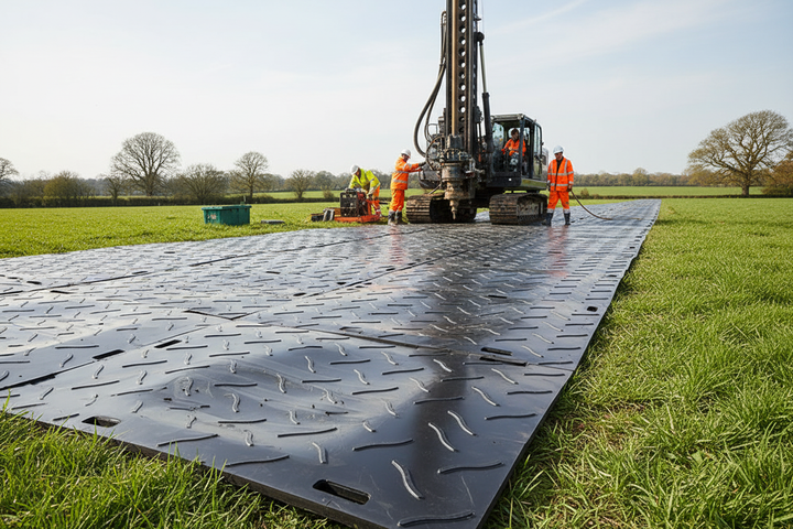 LoadMaster Pro heavy-duty mats with curved tread pattern protecting land during utilities work