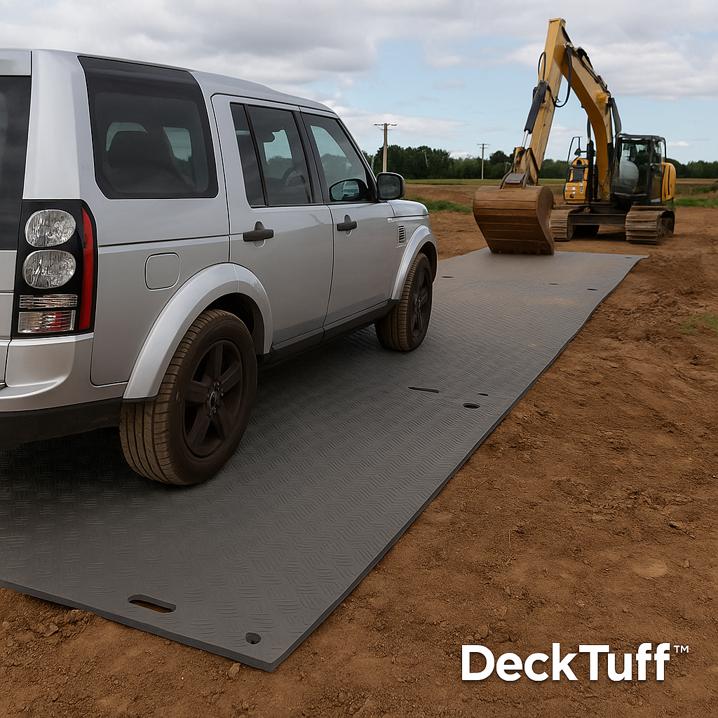 Dark Olive Green DeckTuff™ 20 Tonne Ground Protection Mat (2450 × 1230 × 12 mm) – Non-Slip Recycled Access Board for Construction, Groundworks & Utilities